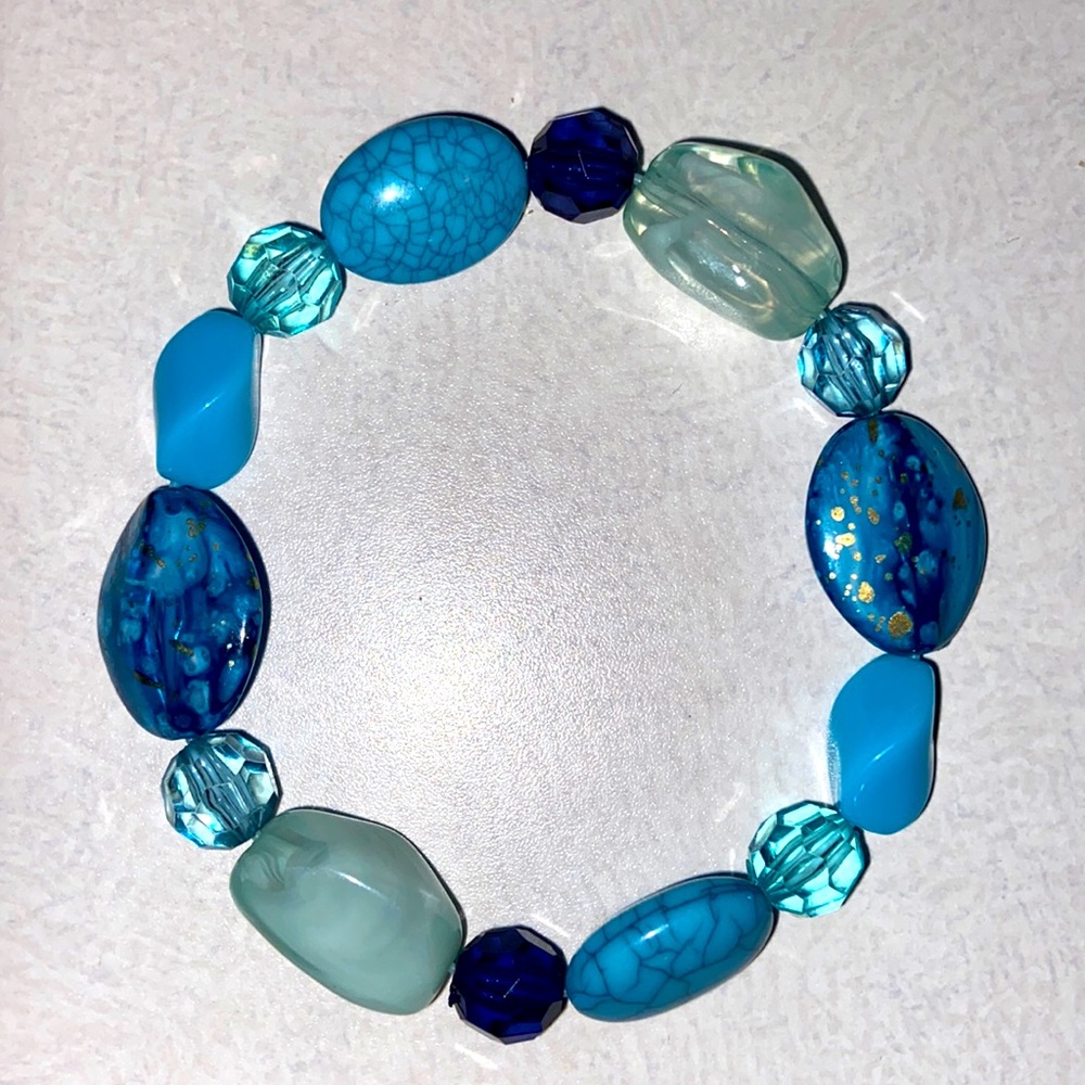 Turquoise and blue elastic beaded bracelet